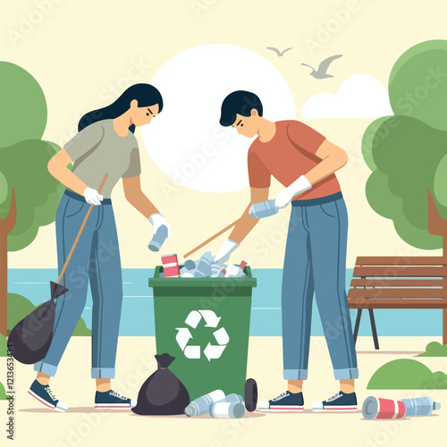 vector image of people cleaning up rubbish