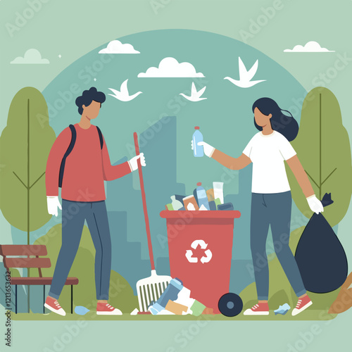 vector image of people cleaning up rubbish