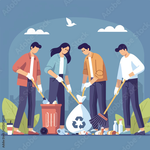 vector image of people cleaning up rubbish