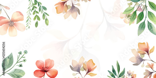 Banner with flowers and laves. Watercolor pink, blue, lilac spots on a white background.