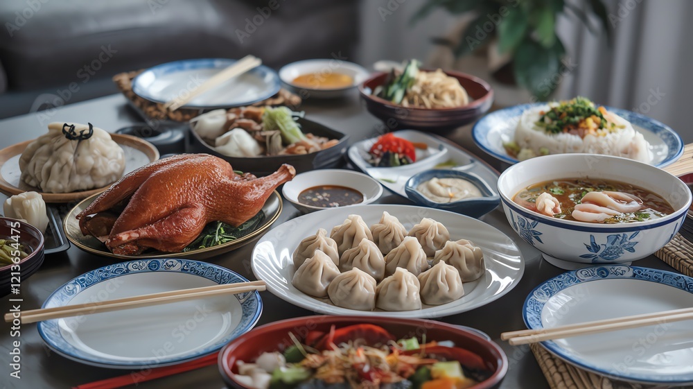 A lavish spread of traditional Asian dishes featuring dumplings, roast duck, and vibrant vegetables, beautifully arranged on a table for a joyful communal feast. A lavish spread of traditional Asian dishes featuring dumplings, roast duck, and vibrant vegetables, beautifully arranged on a table for a joyful communal feast.