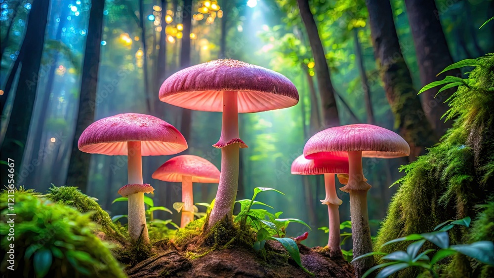Fototapeta premium Pink Champignon Mushrooms, Low Light Forest Photography, Thailand Fungi, Magical Forest Scene