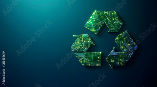 A digital illustration of a green recycling symbol composed of circuit patterns, symbolizing technology and sustainability.