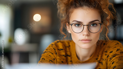 Young woman with glasses concentrating cozy indoor setting portrait photography warm atmosphere close-up focused expression