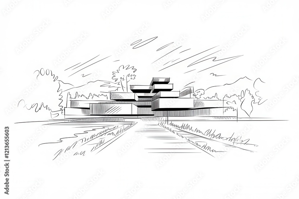 Obraz premium Modern House Architectural Sketch Design Landscape