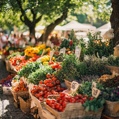 Fototapeta Naklejka Na Ścianę i Meble -  Vibrant Market Stalls in Sunny Provence