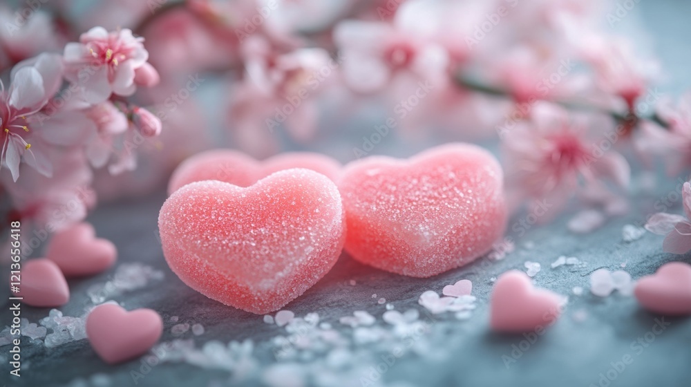 Obraz premium Romantic Pink Heart Candies with Blossom Flowers
