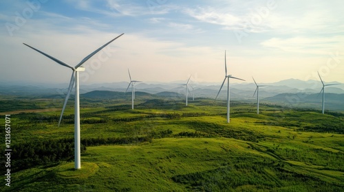 Wind turbines spinning on green hills, aerial view