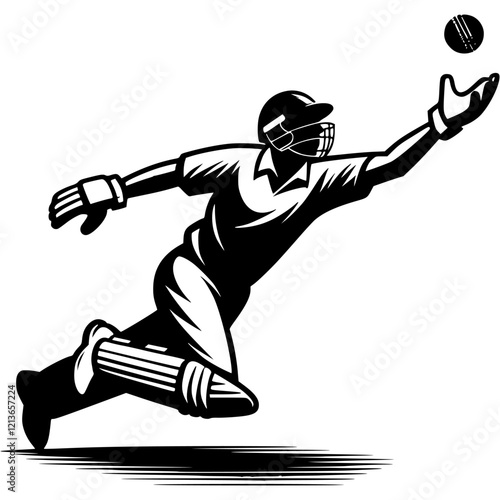 Athletes cricket defender catches flying ball in fall in monochrome. Simple minimalistic vector in black ink drawing on transparent background