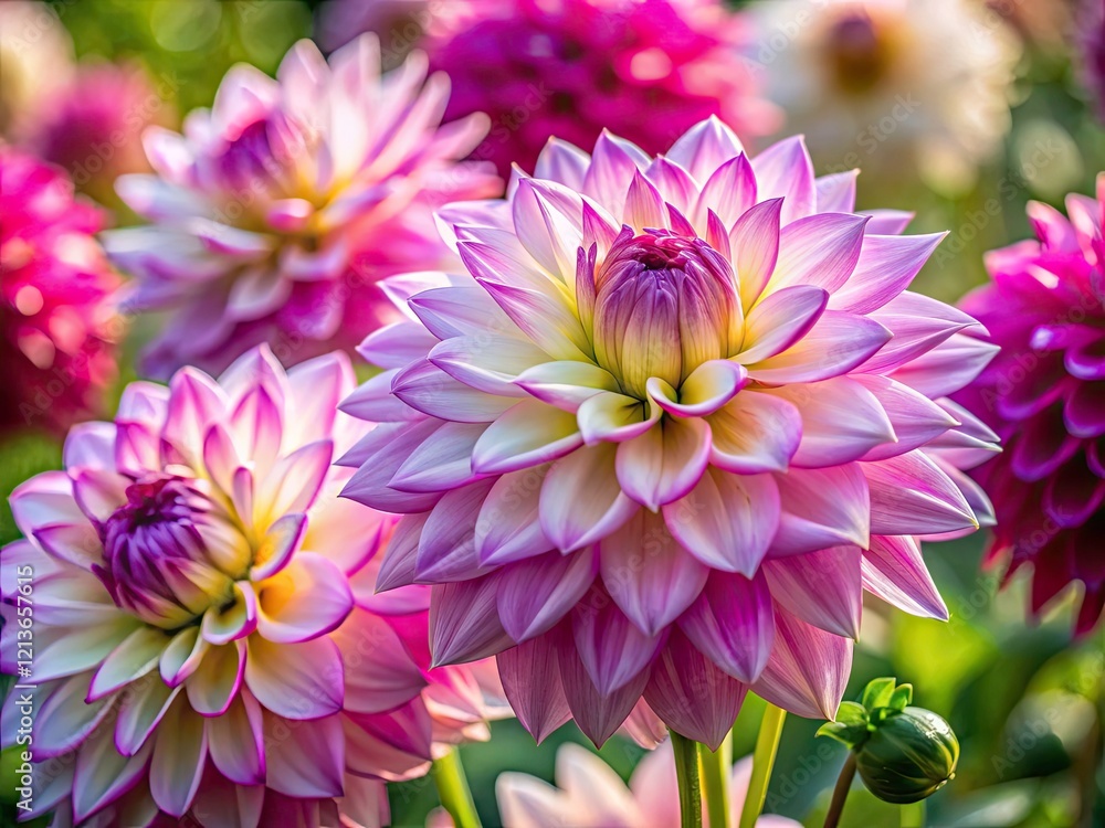 Obraz premium Semi-Cactus Dahlia Blooms: White to Magenta Gradient, Documentary Photography Style