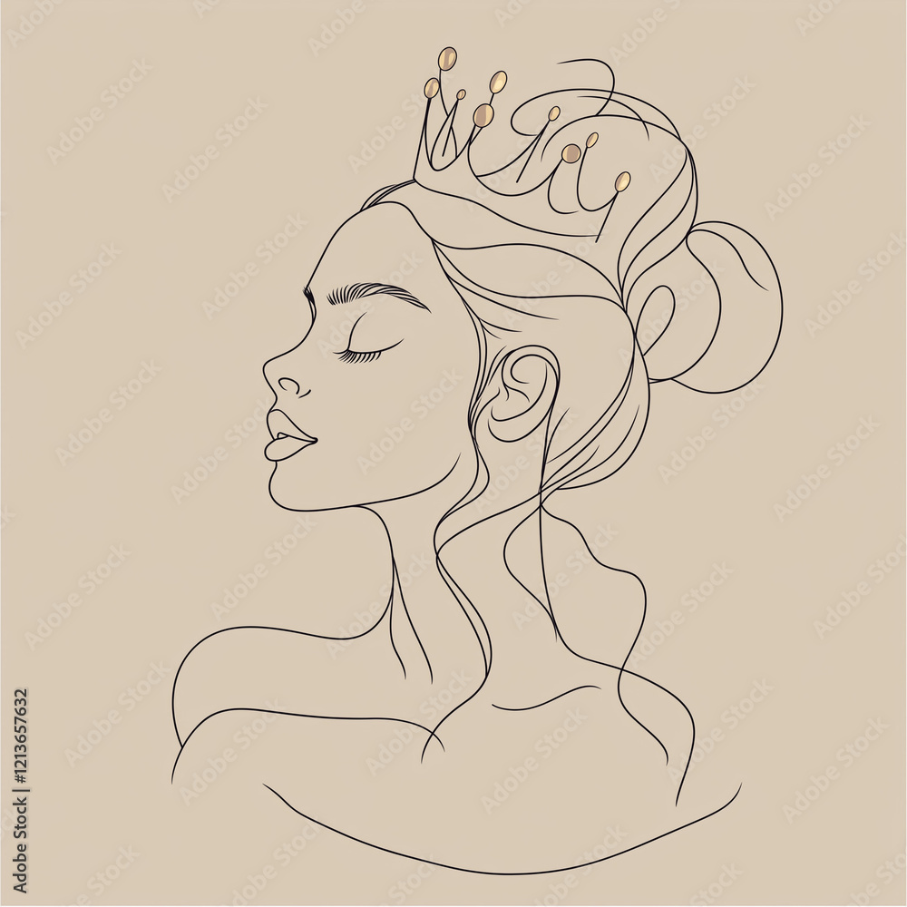 A graceful one-line portrait of a woman wearing a crown, representing confidence, leadership, and self-worth A graceful one-line portrait of a woman wearing a crown, representing confidence, leadership, and self-worth