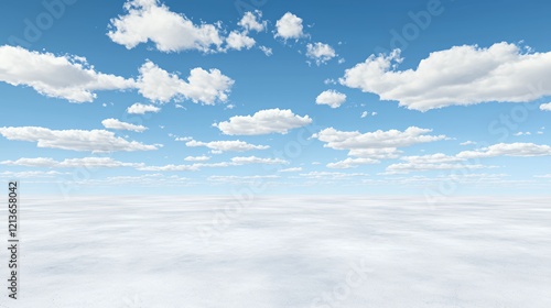 Fototapeta Naklejka Na Ścianę i Meble -  Vast expanse of white plain under a serene blue sky dotted with fluffy cumulus clouds