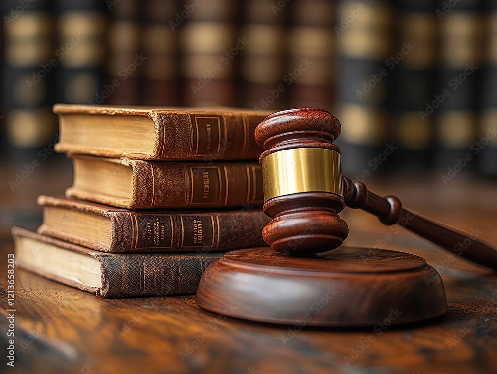 Gavel and law books on desk in library, legal background Gavel and law books on desk in library, legal background