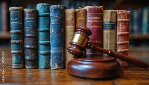 Gavel and law books on desk in library, legal background (1) photo