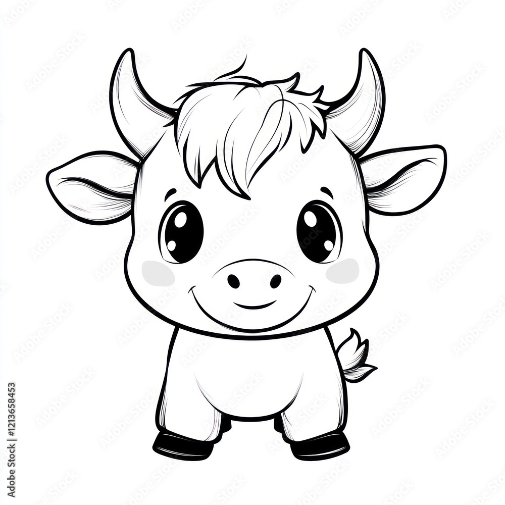 Outlined, smiling calf illustration, white background, used for coloring or design Outlined, smiling calf illustration, white background, used for coloring or design