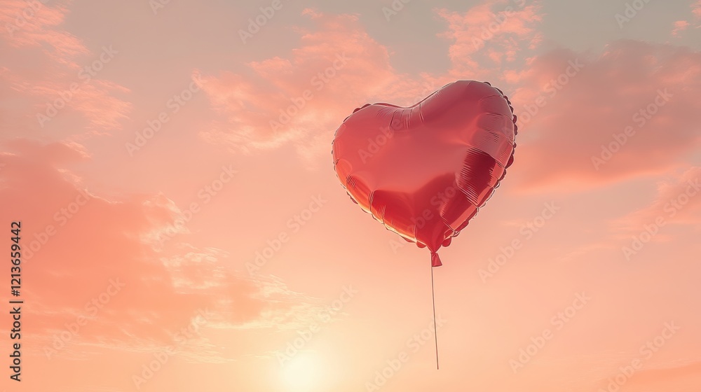 Fototapeta premium Heart Shaped Balloon Floating in Sunset Sky Romantic Love Concept