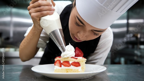 A skilled chef meticulously decorates a fresh strawberry cake with whipped cream in a professional kitchen, showcasing culinary artistry and attention to detail. photo