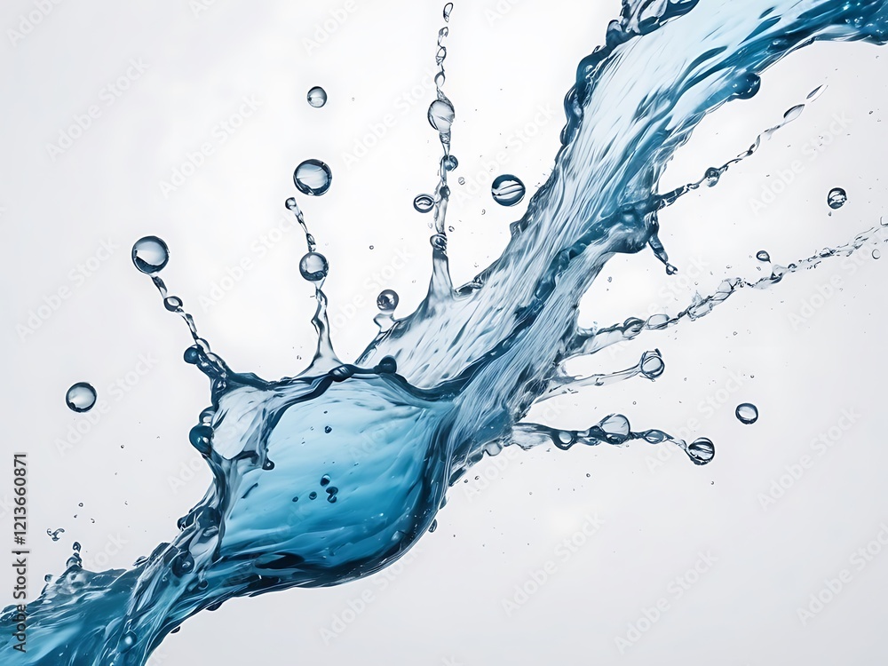 Obraz premium Blue water splashes on a white background. Liquid droplets are spread