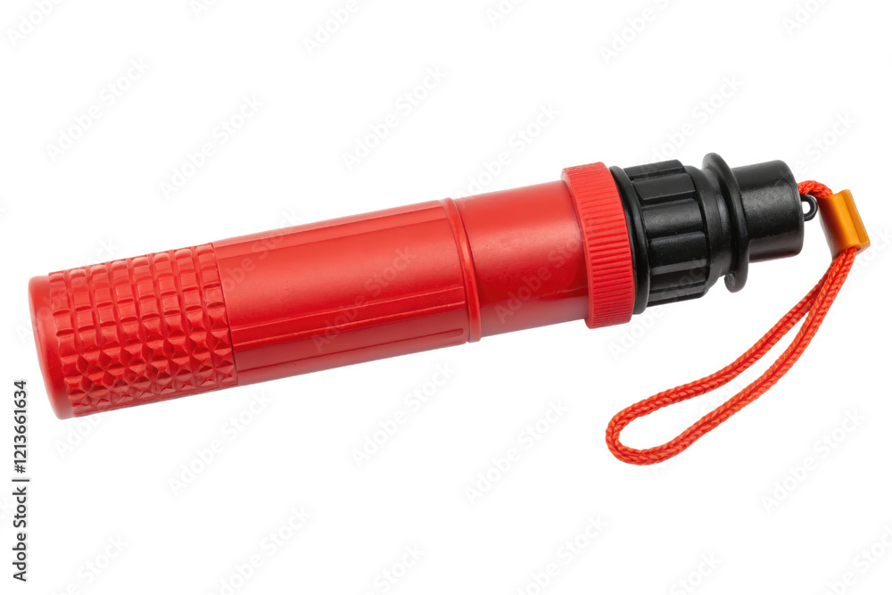Red plastic emergency flashlight with lanyard isolated with transparent background Red plastic emergency flashlight with lanyard isolated with transparent background