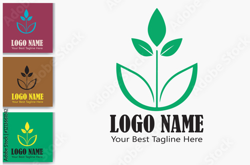 Green plant logo design with three leaves and curved lines.