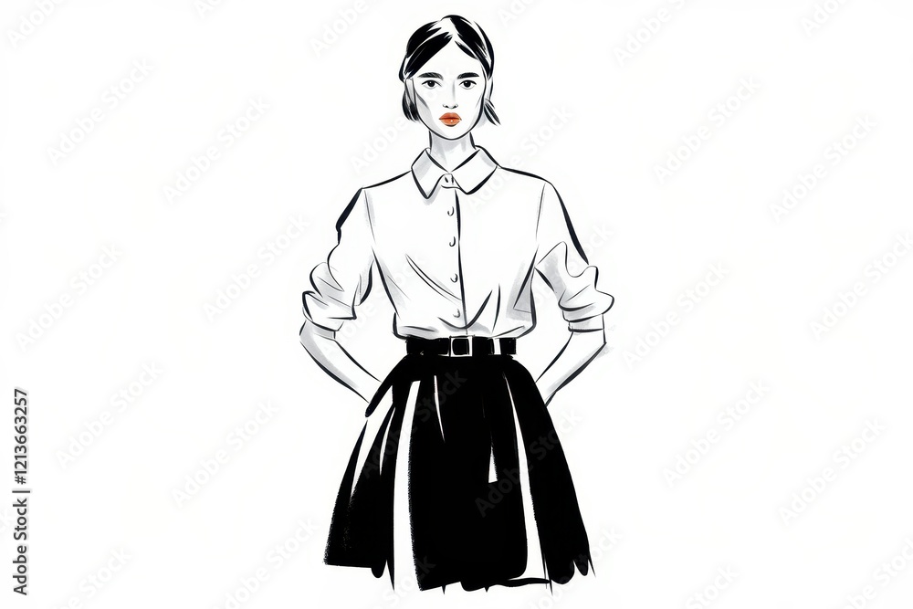 Fashion Illustration of a Woman in a White Shirt and Black Skirt