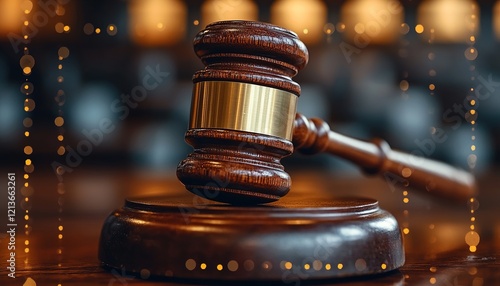 Gavel on sound block in courtroom, bokeh background, legal concept photo