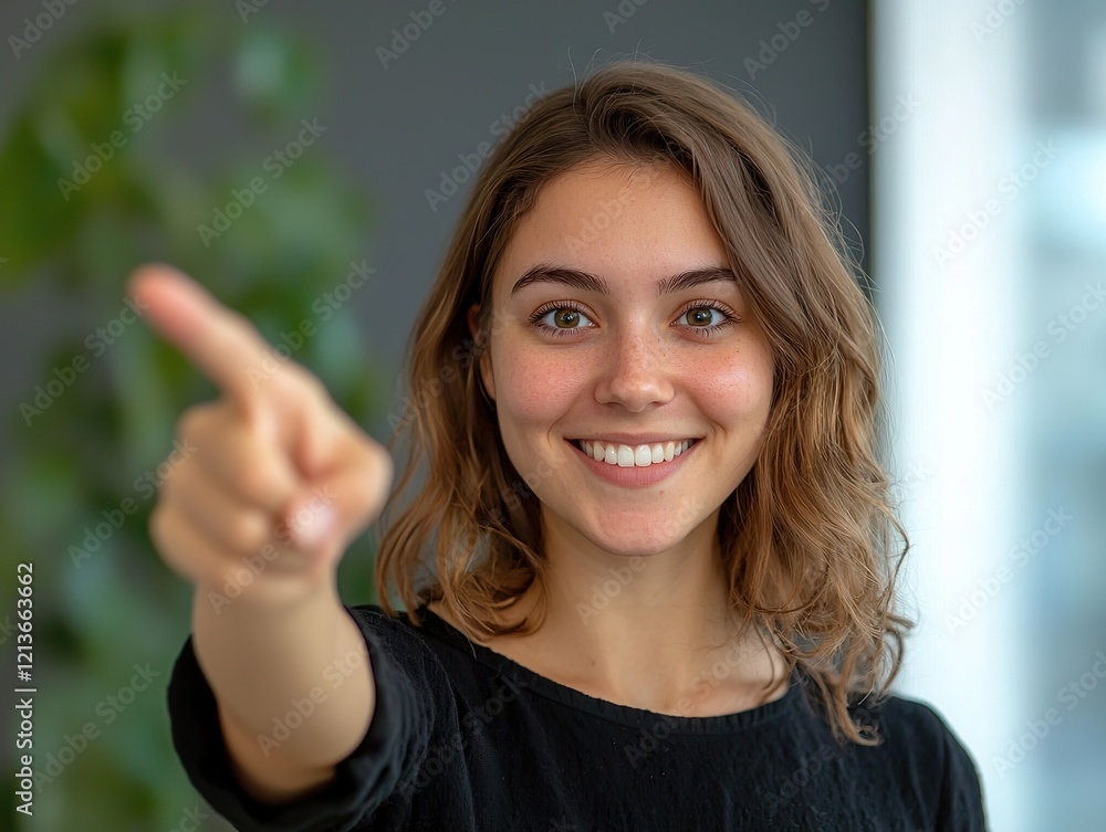 Engaging woman pointing office space portrait photography bright environment direct view empowerment concept