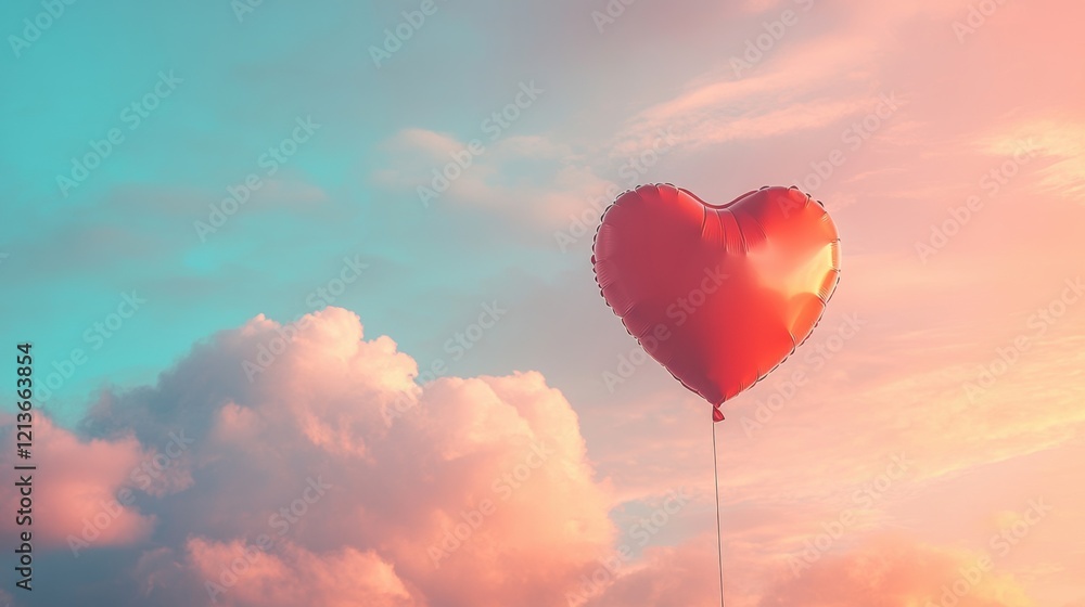 Fototapeta premium Romantic Heart Balloon Floating in Pastel Sky Love Dreamy Clouds