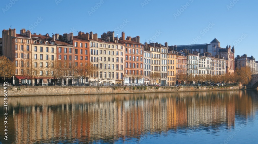 Colorful Buildings Reflecting In Calm River Water Colorful Buildings Reflecting In Calm River Water
