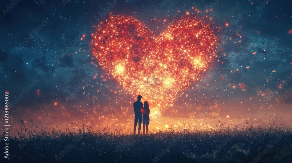 Fototapeta premium Romantic Couple Silhouetted Against a Heart Shaped Firework Display