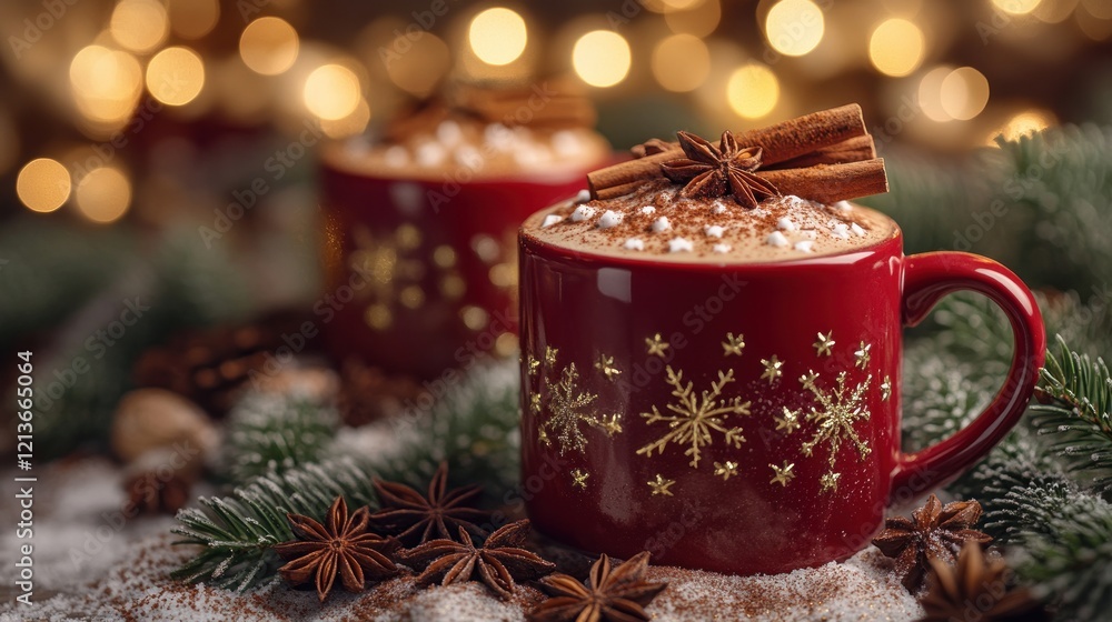 cozy still-life with red mug of hot chocolate cinnamon sticks star anise pine branches warm atmosphere golden bokeh lights winter holiday scene cozy still-life with red mug of hot chocolate cinnamon sticks star anise pine branches warm atmosphere golden bokeh lights winter holiday scene