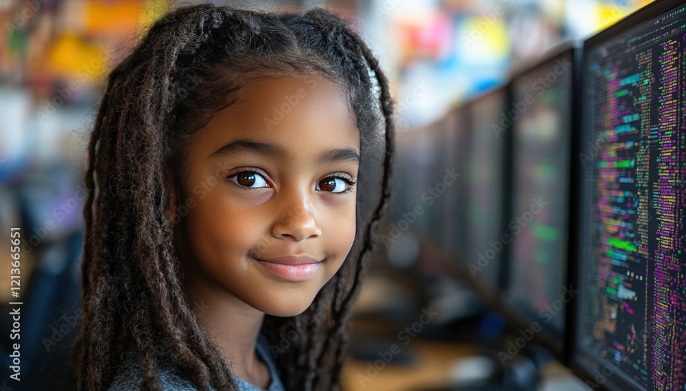 Girl coding in tech lab with data on screens Girl coding in tech lab with data on screens