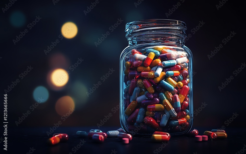 Generative AI concept of a glass jar filled with assorted colorful pills and capsules, set on a dark surface, representing healthcare treatment and pharmaceutical industry Generative AI concept of a glass jar filled with assorted colorful pills and capsules, set on a dark surface, representing healthcare treatment and pharmaceutical industry