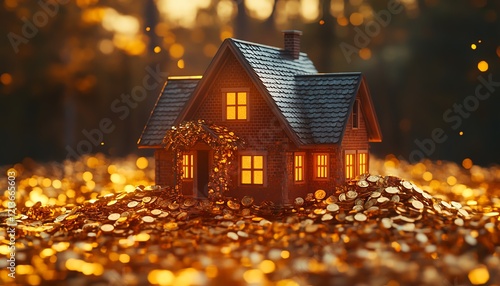 Wallpaper Mural AIgenerated image of a quaint house surrounded by scattered gold coins, symbolizing prosperity, home savings, real estate finance, and home insurance concept Torontodigital.ca