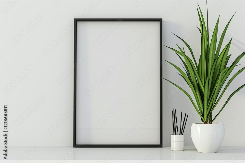 High Resolution Picture of a White Shelf with a Black Frame and a Plant on it High Resolution Picture of a White Shelf with a Black Frame and a Plant on it