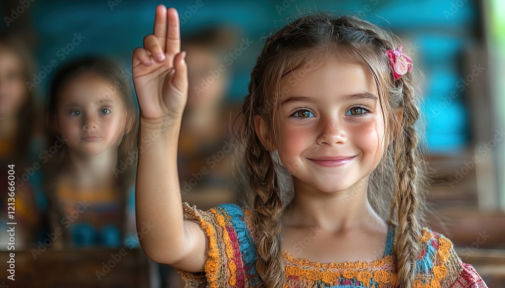 Girl raising hand in classroom, others watching Girl raising hand in classroom, others watching