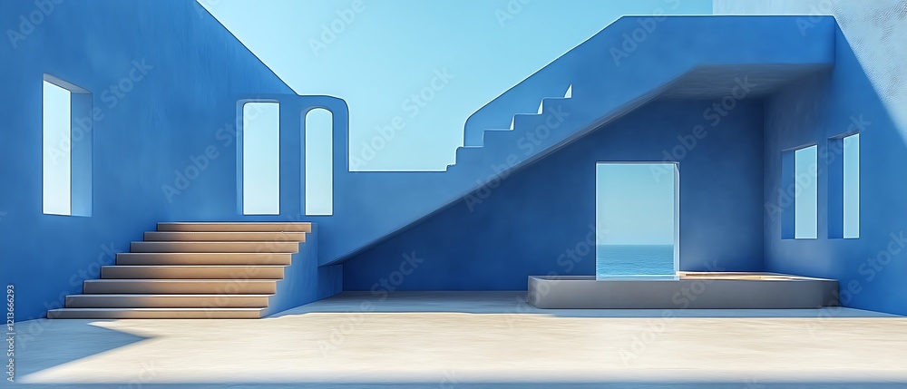Minimalist blue architecture with stairs and ocean view. Minimalist blue architecture with stairs and ocean view.