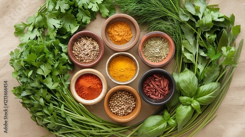 An artistic arrangement of vibrant herbs and spices in bowls, surrounded by fresh greens, showcasing natural ingredients for healthy cooking and flavorful dishes. photo