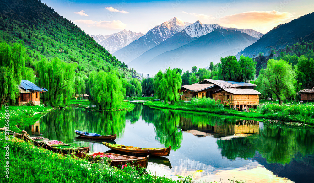 Fototapeta premium Tranquil Scene of Kashmir’s River Valley Surrounded by Majestic Mountains and Verdant Fields