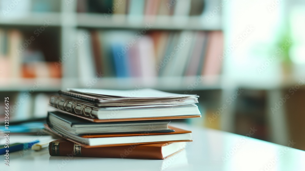 Cropped shot of a white table with books and stationery featuring copy space in a blurred study room background Cropped shot of a white table with books and stationery featuring copy space in a blurred study room background