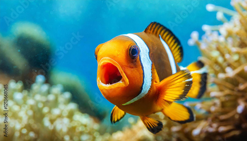 Surprised mouth-open clown fish looking to the camera photo background photo