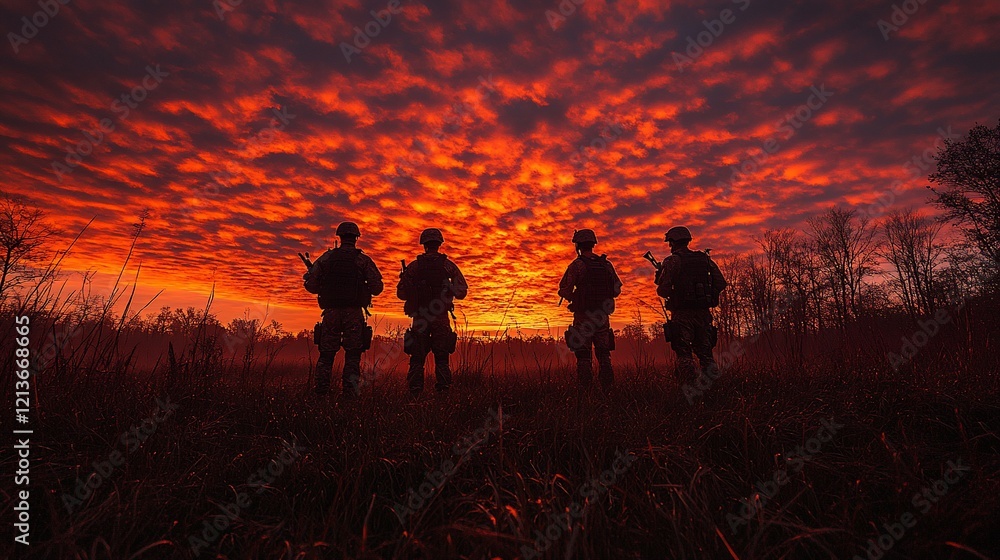 Fototapeta premium Soldiers silhouetted against a fiery sunset.