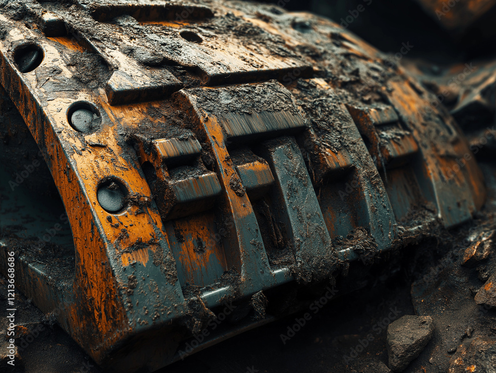A close-up shot of a massive excavator bucket with dirt and debris, highlighting its rugged texture and wear. A close-up shot of a massive excavator bucket with dirt and debris, highlighting its rugged texture and wear.