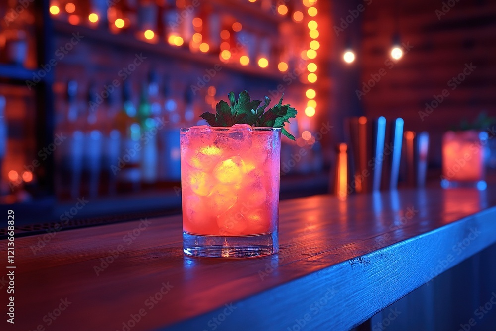 Glowing cocktail on bar counter with blurred background lights Glowing cocktail on bar counter with blurred background lights