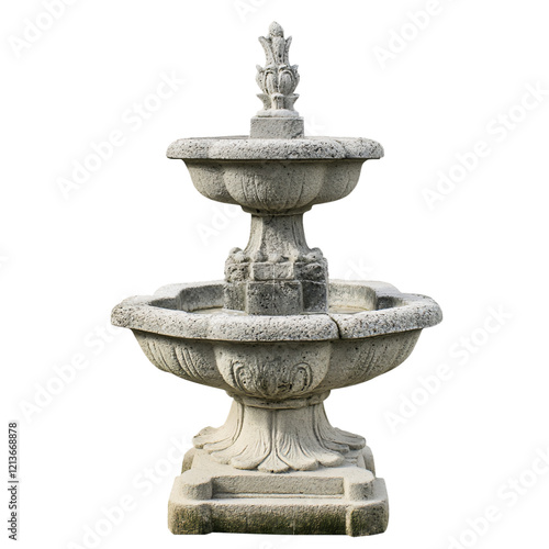 A classic two-tier stone fountain featuring ornate detailing and a decorative finial on top.