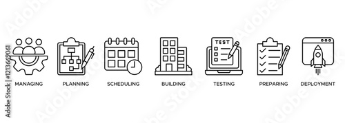 Release management banner web icon illustration concept with icon of managing, planning, scheduling, building, testing, preparing and deployment