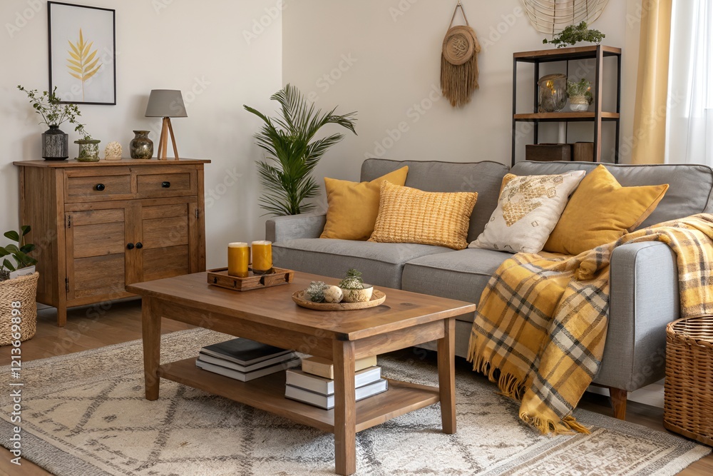 Fototapeta premium The stylish boho compostion at living room interior with design gray sofa, wooden coffee table, commode and elegant personal accessories. Honey yellow pillow and plaid. Cozy apartment. Home decor