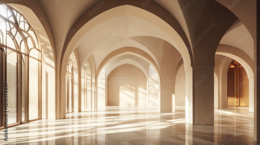 Sunlit Arches: A Modern Hallway with Golden Accents Sunlit Arches: A Modern Hallway with Golden Accents