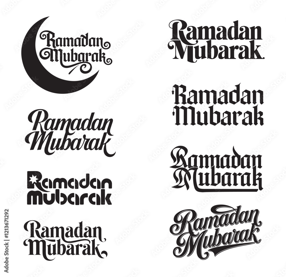 Ramadan Mubarak text typography design in various style. Ramadan Mubarak text typography design in various style.