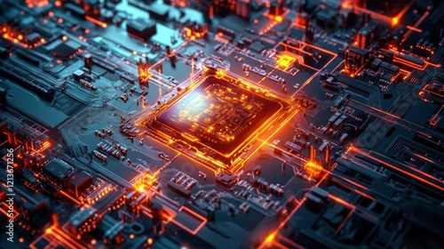 Glowing CPU in Motherboard  Circuitry Close-up